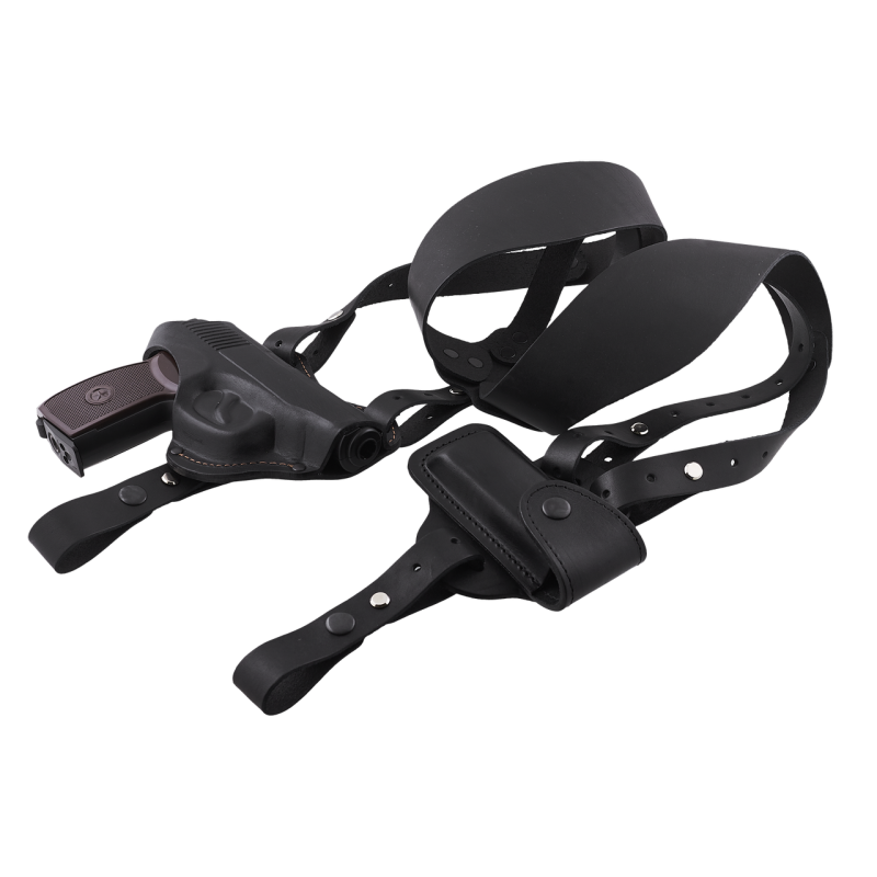 Кобура ПМ оперативна + поясна двостороння формована з чохлом подсумком для магазину (шкіряна, чорна) Кобура ПМ оперативна + поясна двостороння формована з чохлом подсумком для магазину (шкіряна, чорна)