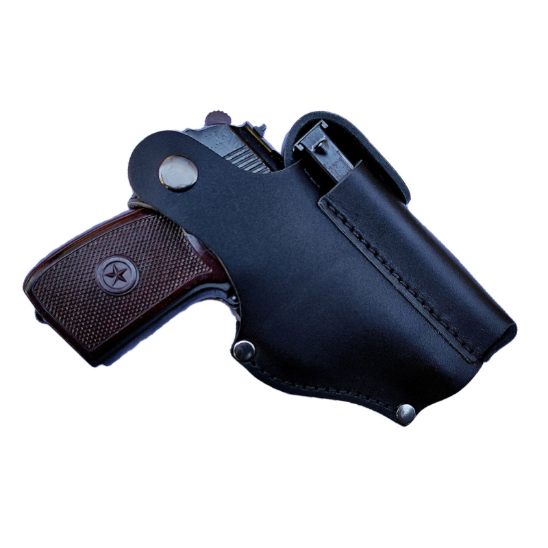 Кобура для ПМ -Макарова на пояс, поясна кабура з чохлом для магазину з підсумком під магазин (шкіряна, чорна)