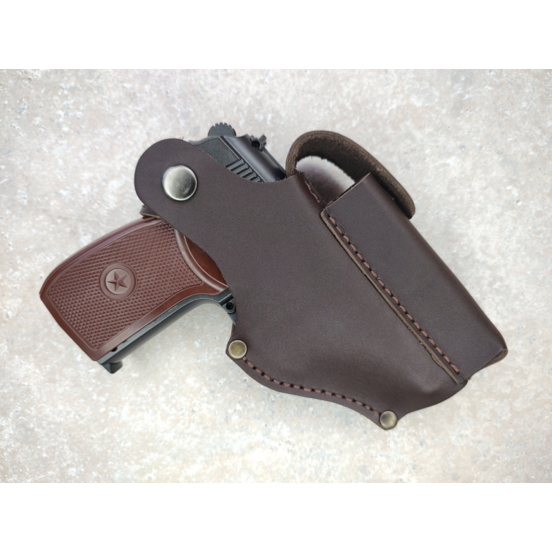 Шкіряна кобура для ПМ поясна з підсумком під магазин Коричнева SV Шкіряна кобура для ПМ поясна з підсумком під магазин Коричнева SV