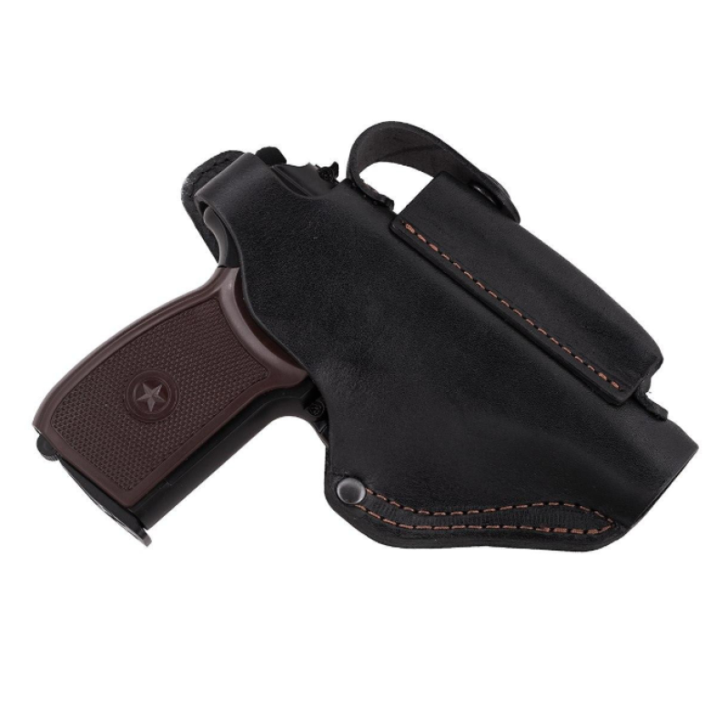 Кобура для ПМ -Макарова на пояс, поясна кабура з чохлом для магазину з підсумком під магазин (шкіряна, чорна)